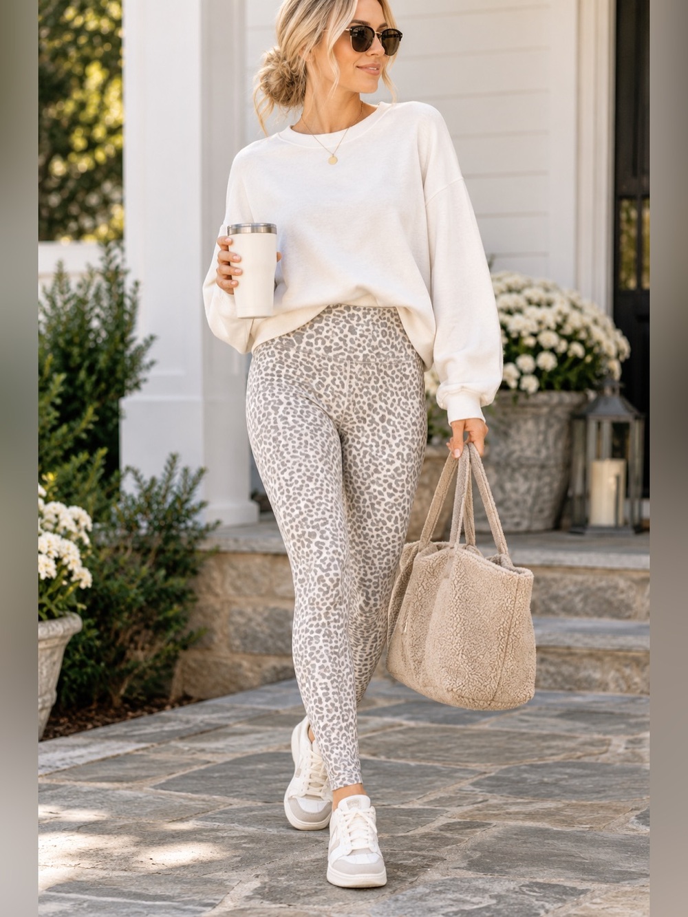 Streetwear Society Leopard Print High Rise Leggings Large Gray Cream.